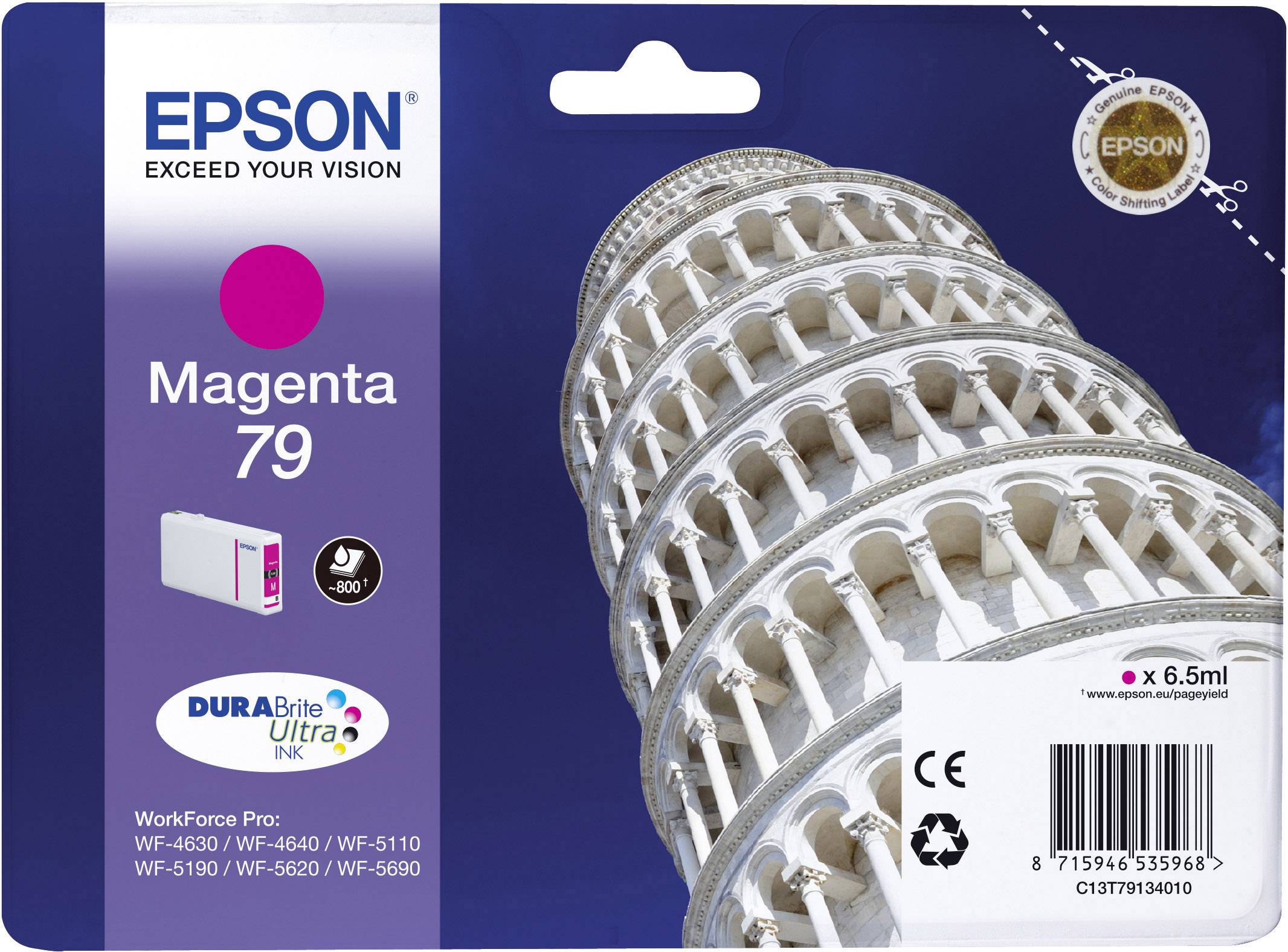 Verpackung einer Epson Magenta-Druckerpatrone 79. Abgebildet ist der Schiefe Turm von Pisa. Volumen: 6,5 ml. Kompatible Drucker aufgeführt.