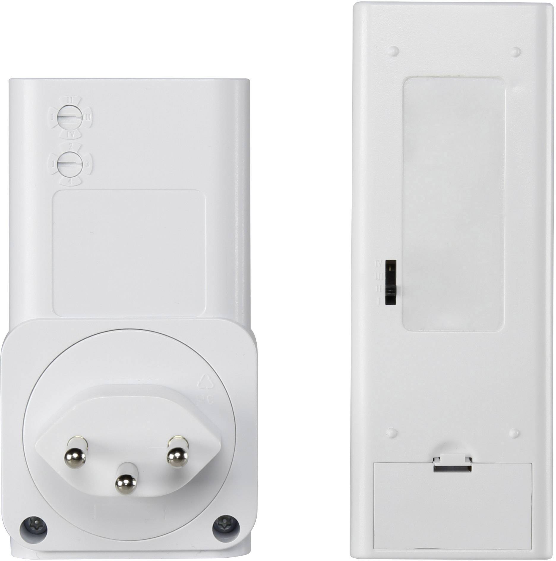 Weiße Steckdose von vorne und hinten, mit zwei Schaltern oben.