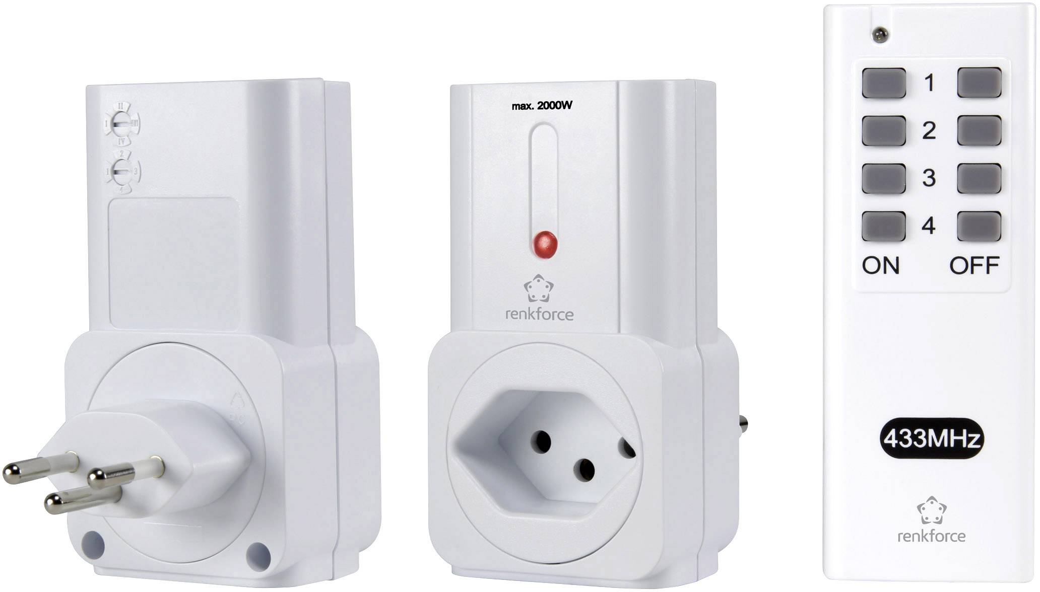 Zwei weiße Steckdosenadapter und eine Fernbedienung mit Tasten '1' bis '4', 'ON', 'OFF'. Adapter geeignet bis 2000W, 433MHz.