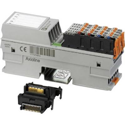 'Phoenix Contact Axioline-Modul'; graues, elektronisches Gerät zur Hutschienenmontage mit Anschlussklemmen und Barcode.