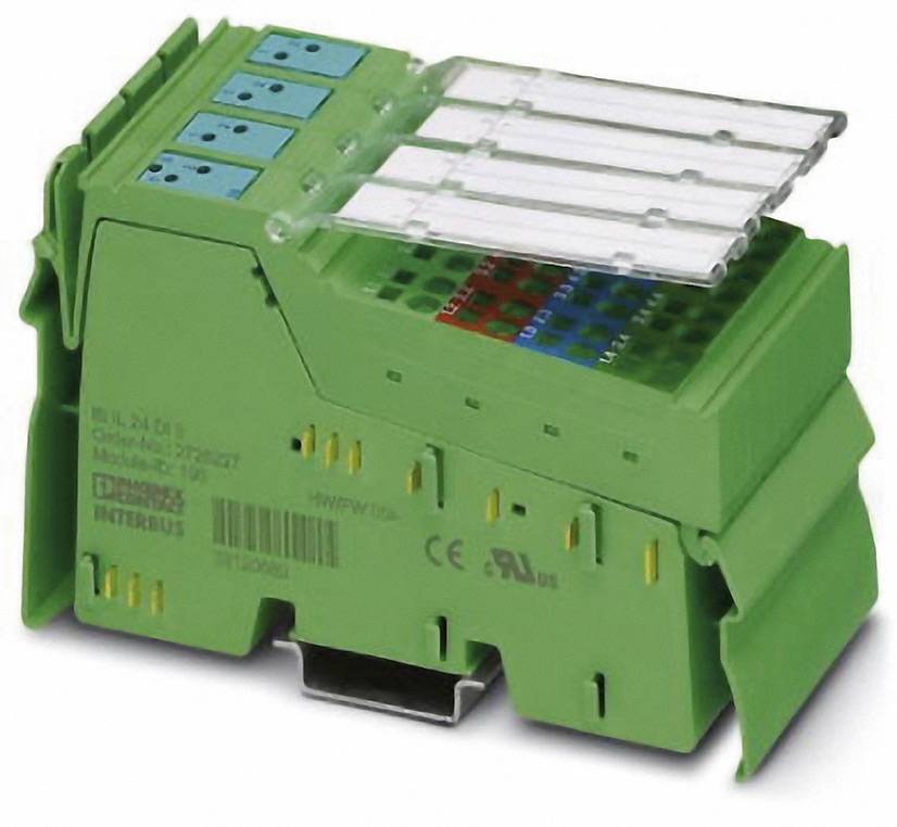 Ein grünes elektronisches Modul mit mehreren Anschlussklemmen und transparenten Abdeckungen, typischerweise für industrielle Anwendungen.