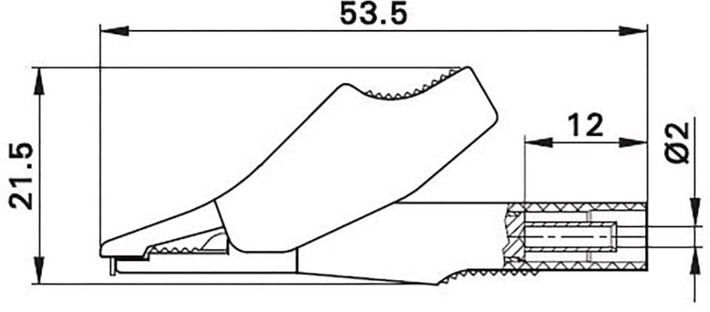 Technische Zeichnung einer Krokodilklemme mit den Maßen 53,5 mm Länge und 21,5 mm Höhe. Durchmesser an der Spitze: 2 mm, Breite: 12 mm.