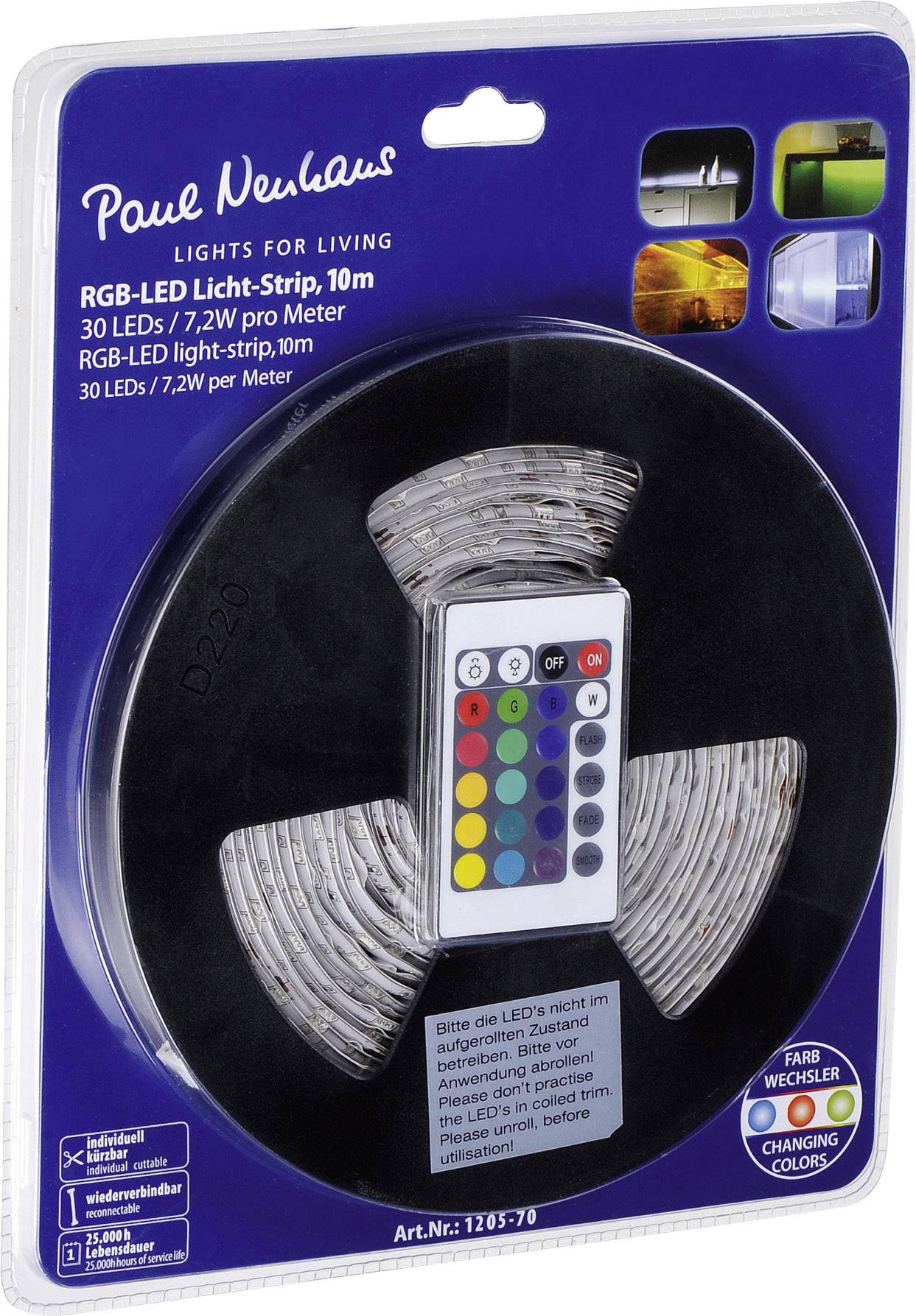 RGB-LED-Licht-Strip von Paul Neuhaus, 10 m, mit Fernbedienung, 30 LEDs/7,2W pro Meter. Verpackung zeigt Anwendungsbeispiele.