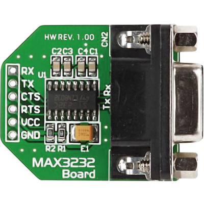 'MAX3232 Board' mit grünem Schaltkreis, zwei Reihen von Pins auf der linken Seite und RS232-Port auf der rechten Seite.