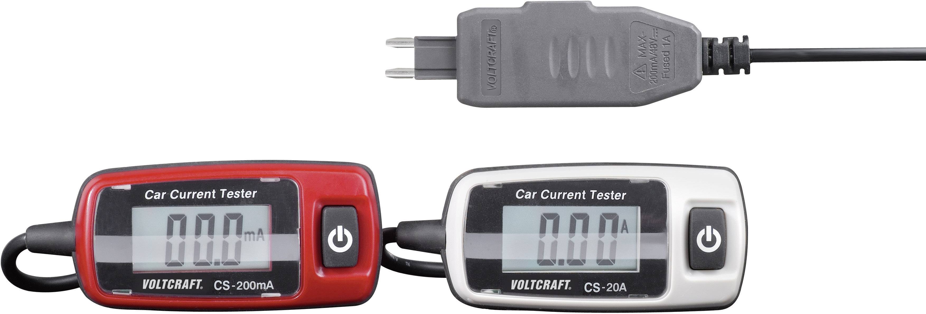 Zwei digitale Autostromtester mit LCD-Anzeige, rotes und weißes Gehäuse, zeigen '0.00' an. Oben ein Netzteilstecker.