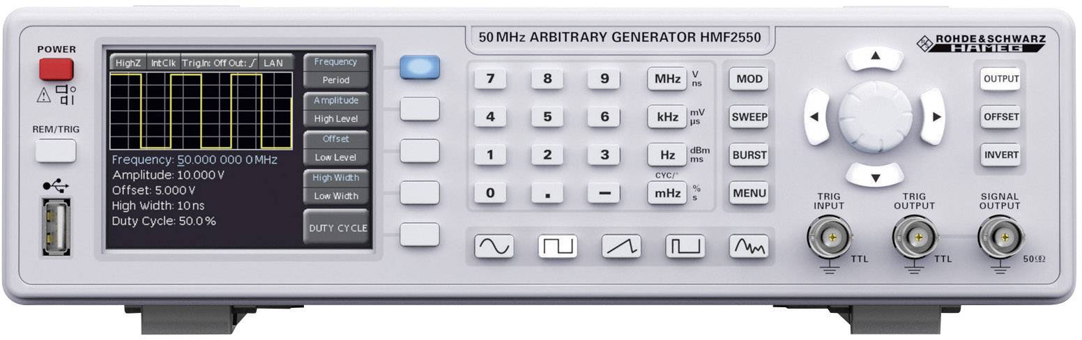 'Arbiträrgenerator 50 MHz HMF2550', zeigt Frequenzen, Amplitude und andere Parameter auf einem Bildschirm mit Bedienelementen rechts.