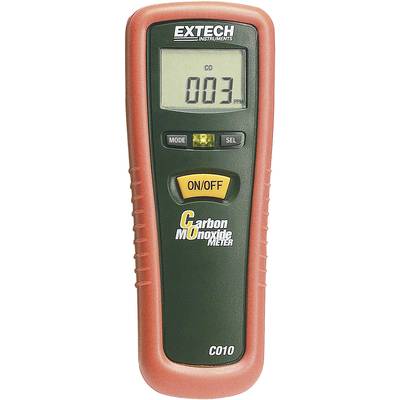 Ein tragbares Kohlenmonoxidmessgerät zeigt '003 ppm' auf dem Display an. Es hat einen orange-schwarzen Körper mit Einschaltknopf.