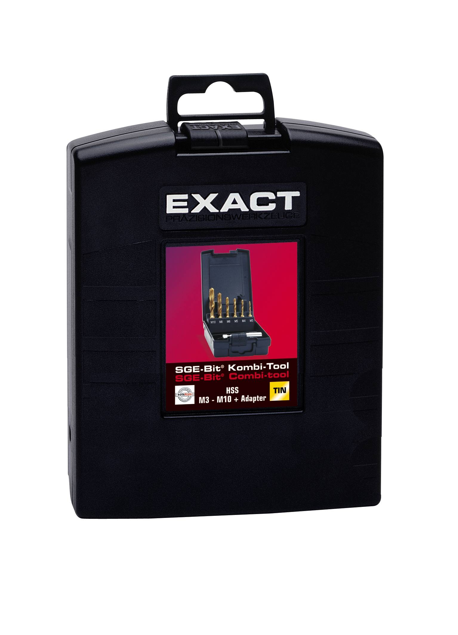 Schwarzes Etui mit dem Aufdruck 'EXACT'. Enthält ein SGE-Bit-Kombi-Toolset für Gewinde M3 bis M10 mit HSS-Bits und Adapter.