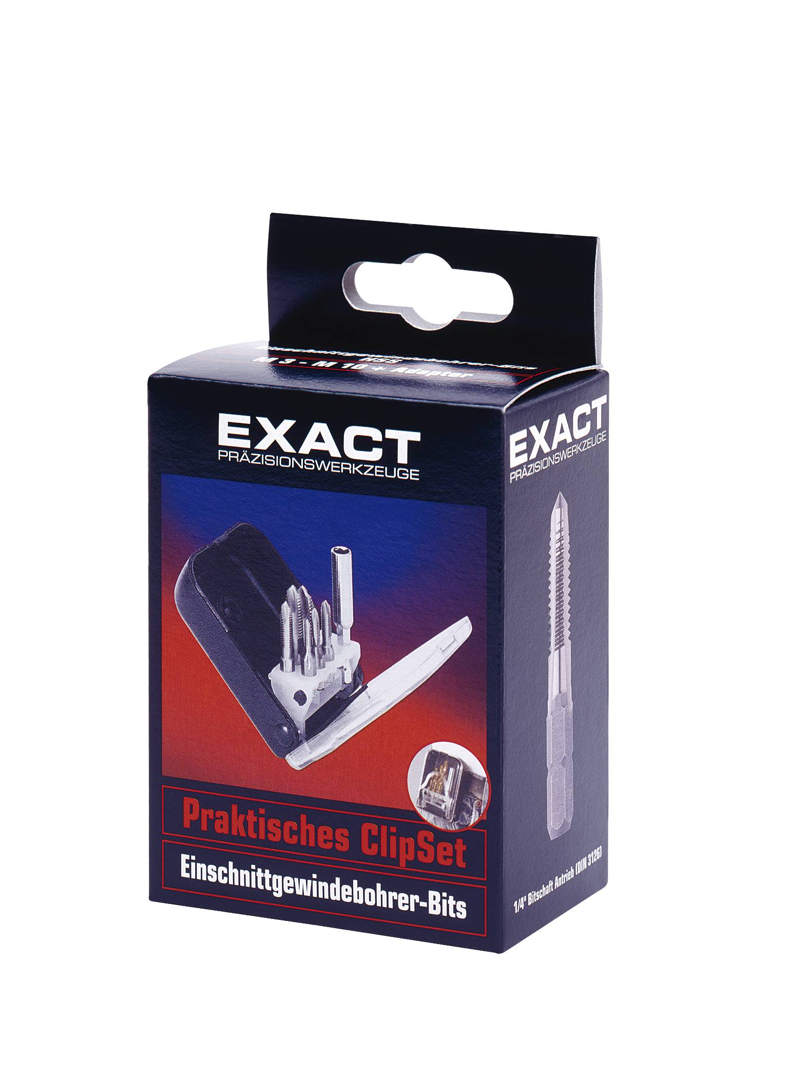 Eine Verpackung mit der Aufschrift 'Praktisches ClipSet', enthält Einschneidgewindebohrer-Bits, Marke EXACT. Verpackung in Grau und Rot.