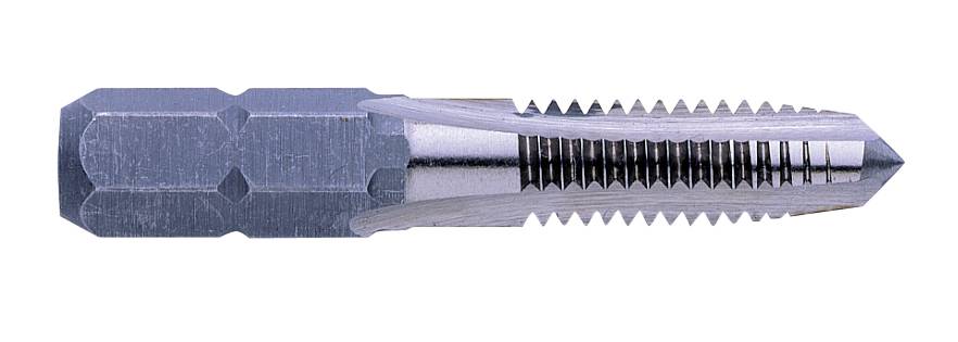 Metallschneidwerkzeug zur Herstellung von Gewinden mit scharfen Gewindeschneiden und einem sechseckigen Kopf, seitliche Ansicht.