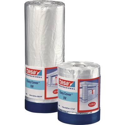 Zwei Rollen Tesa Easy Cover UV: links 14m x 2,6m, rechts 16m x 0,55m. Beide in Schutzfolie mit blauer Basis.