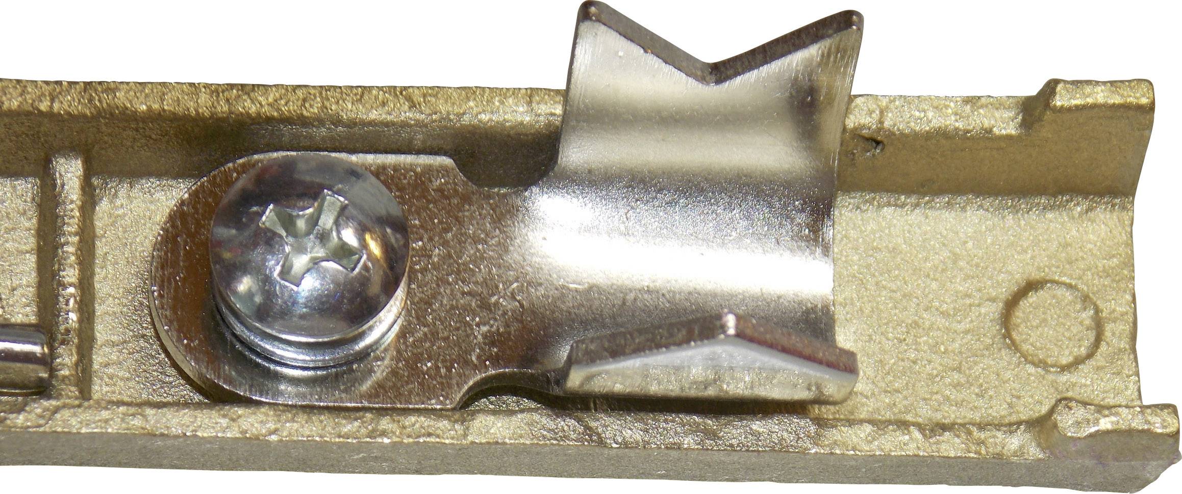 Metallischer Schlittenmechanismus mit Sternschraube und Hebel in einem bronzefarbenen Halter, zeigt technischen Detail.