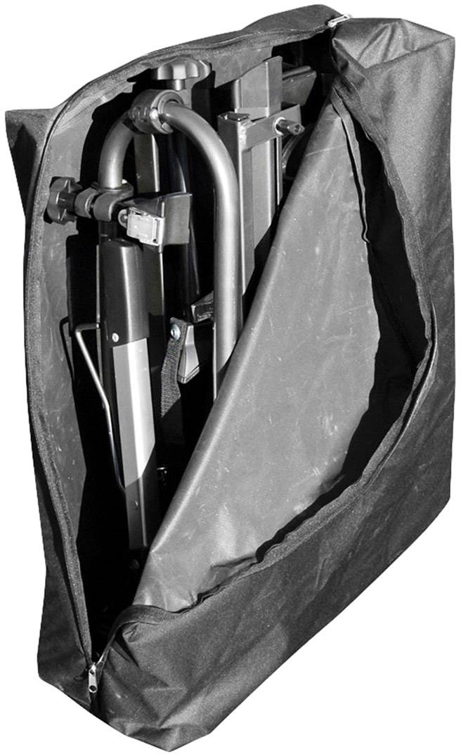 Ein zusammengeklappter Rollstuhl in einer offenen, schwarzen Tragetasche.