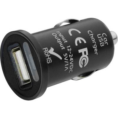 Schwarzes USB-Autoladegerät mit Aufschrift 'Input: 12-24VDC, Output: 5V/1A'. Symbol für CE- und RoHS-Konformität.