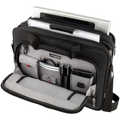 Eine offene schwarze Laptop-Tasche mit mehreren Fächern, die Büromaterialien, Kabel und einen Laptop organisiert.