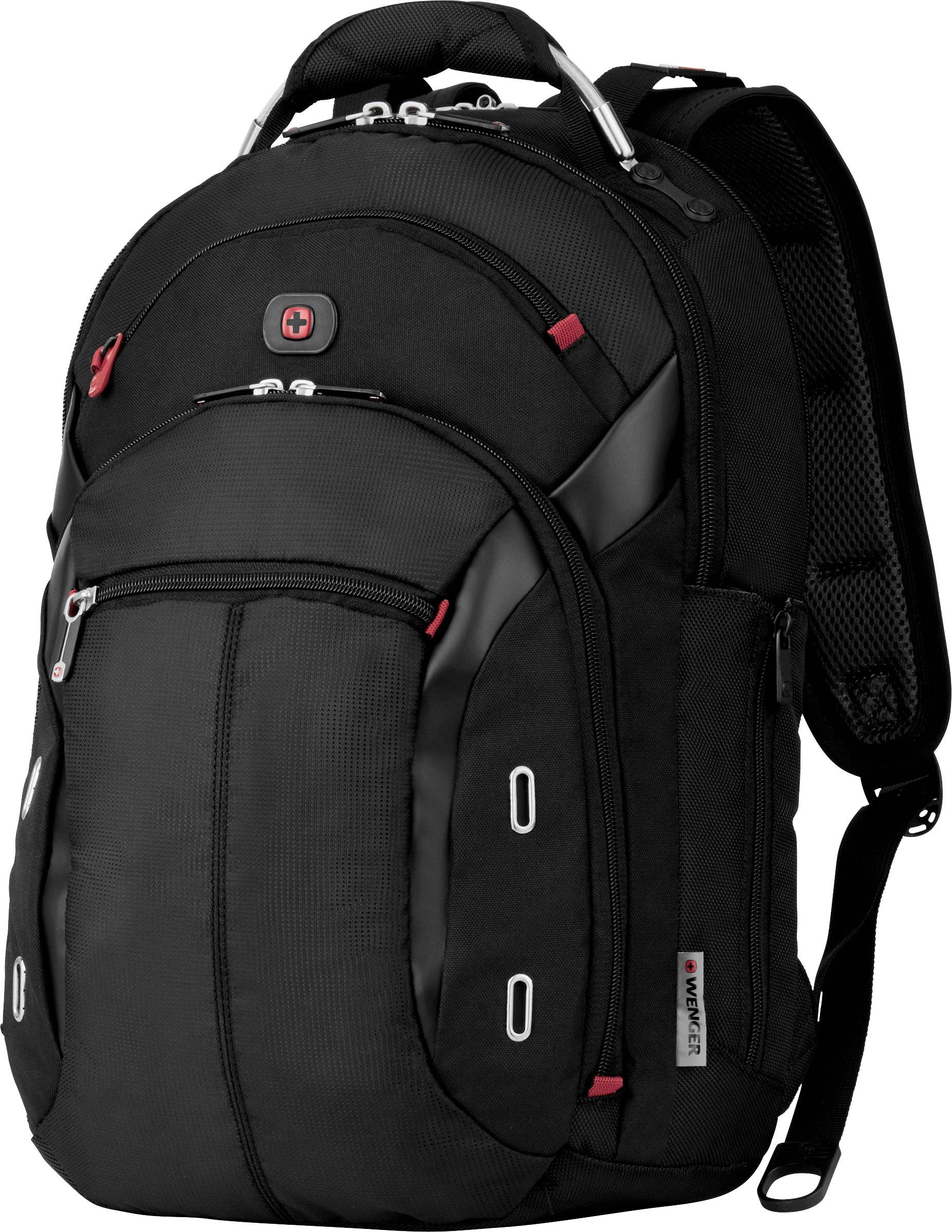 Ein schwarzer Rucksack mit mehreren Fächern und roten Akzenten. Geeignet für den täglichen Gebrauch oder Reisen.
