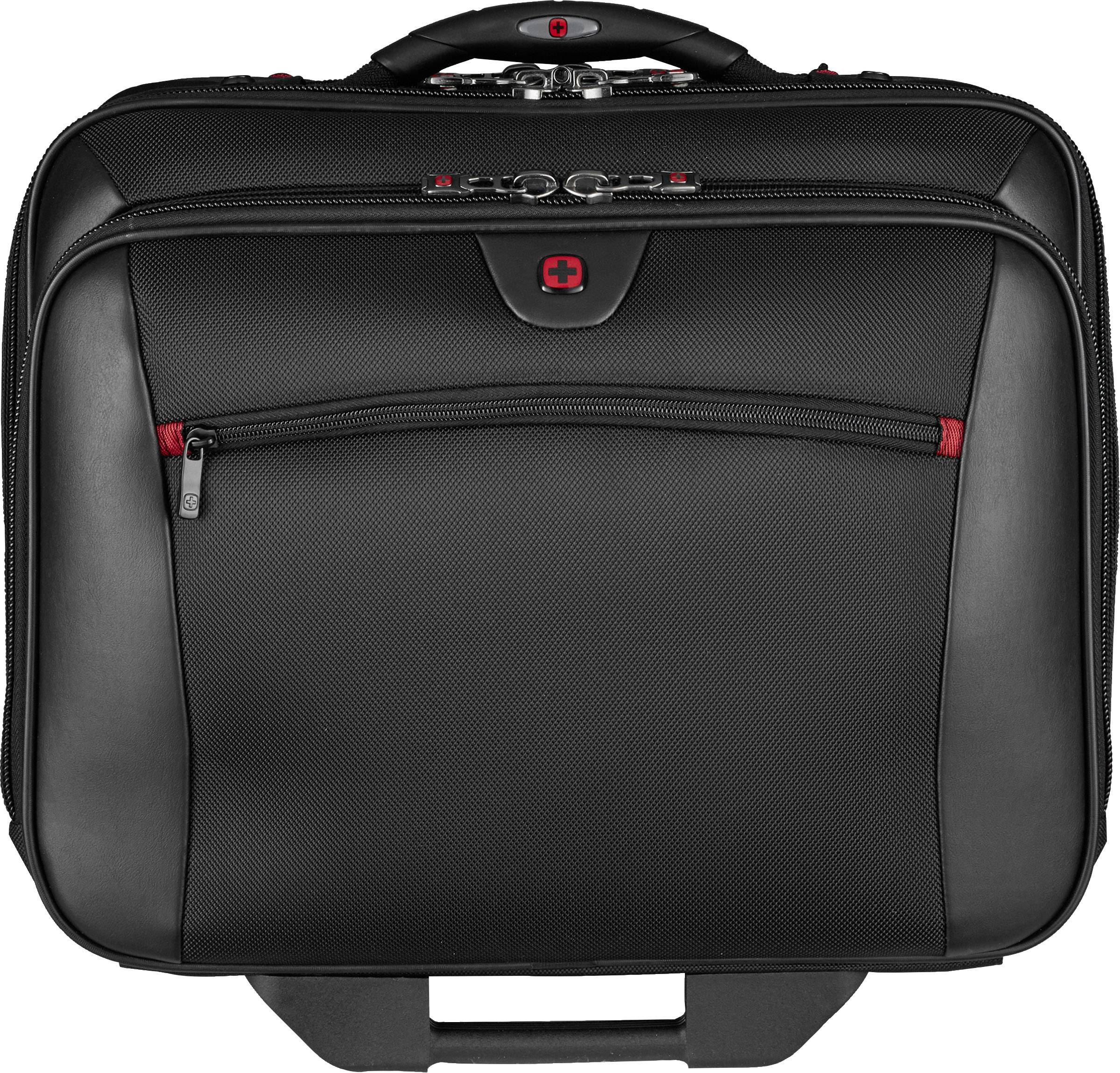 Schwarze Laptop-Tasche mit Griff und Reißverschlüssen, tragbar für Reisen oder Beruf.