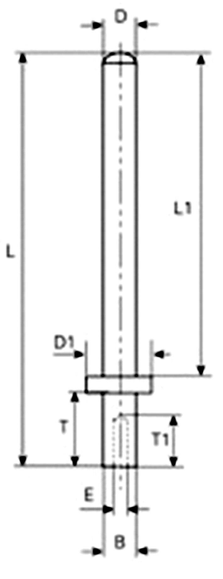 Technische Zeichnung eines Stifts mit Maßen. Beinhaltet Gesamtlänge (L), Durchmesser (D), Flanschdicke (T) und weiteren Dimensionen.