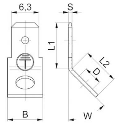 'Technische Zeichnung eines elektrischen Steckverbinders. Maße in Millimetern: Breite 6,3, Länge 1 L1, 2 L2, Tiefe D, Breite W, Höhe S.'