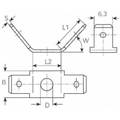 Technische Zeichnung eines Metallwinkels mit Maßen und Bohrlöchern. Zeigt verschiedene Ansichten mit Beschriftungen L1, L2, B, D und W.
