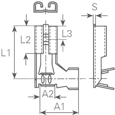 Technische Zeichnung eines Steckverbinders im Querschnitt mit Bemaßungen: L1, L2, L3, A1, A2 und S. Zeigt interne Strukturen und Maße.