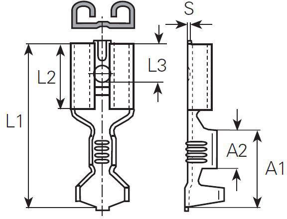 Technische Zeichnung eines Bauteils mit Maßen L1, L2, L3, S, A1 und A2. Das Bauteil hat eine U-Form mit Federmechanismus.
