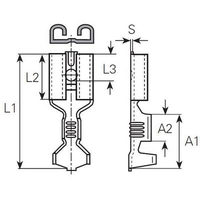 Technische Zeichnung eines Bauteils mit Maßen L1, L2, L3, S, A1 und A2. Das Bauteil hat eine U-Form mit Federmechanismus.