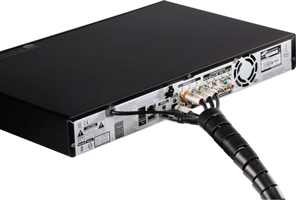 Rückseite eines elektronischen Geräts mit verschiedenen Audio- und Videoanschlüssen, inklusive Kabelmanagementsystem.