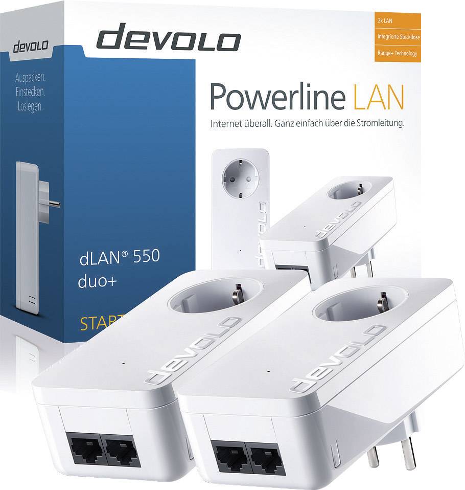 Powerline LAN-Adapter-Set von devolo, Modell dLAN 550 duo+. Bietet Internet über Stromleitung. Enthält zwei Adapter mit Steckdosen und LAN-Anschlüssen.