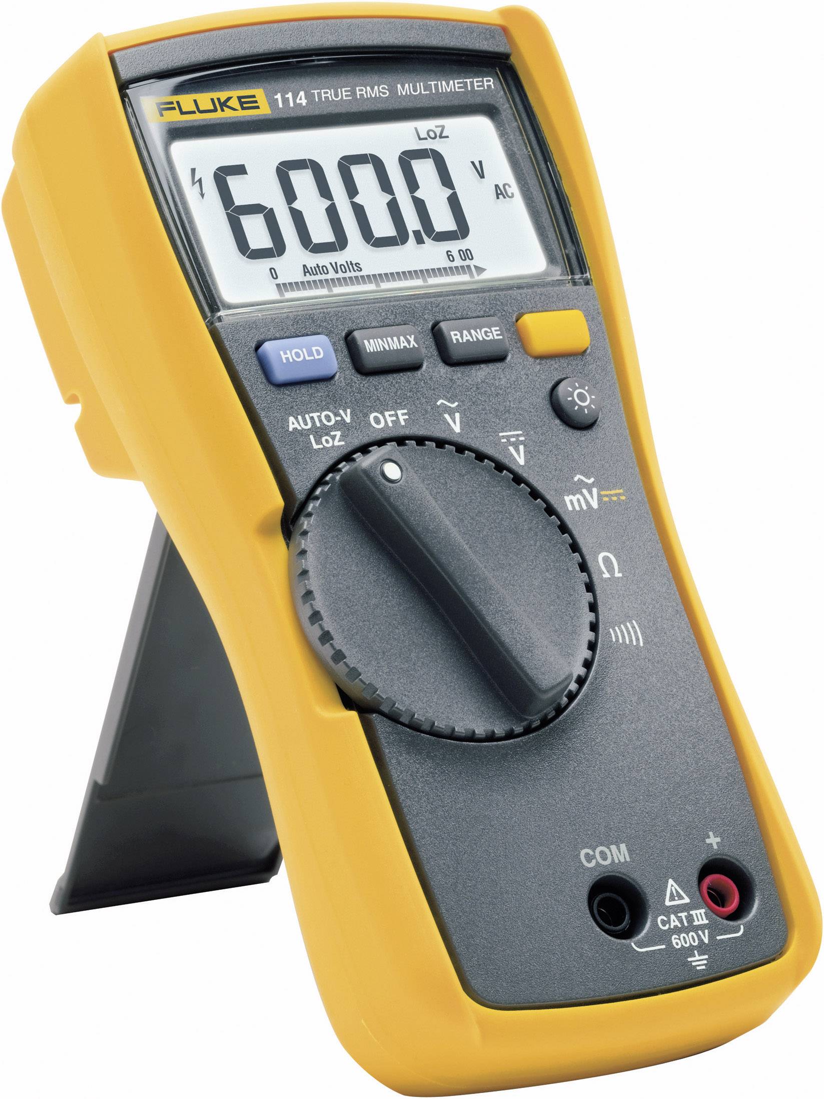 Digital-Multimeter mit gelbem Gehäuse zeigt '600.0 AC' auf dem Display an. Drehschalter auf 'Off', Standfuß ausgeklappt.
