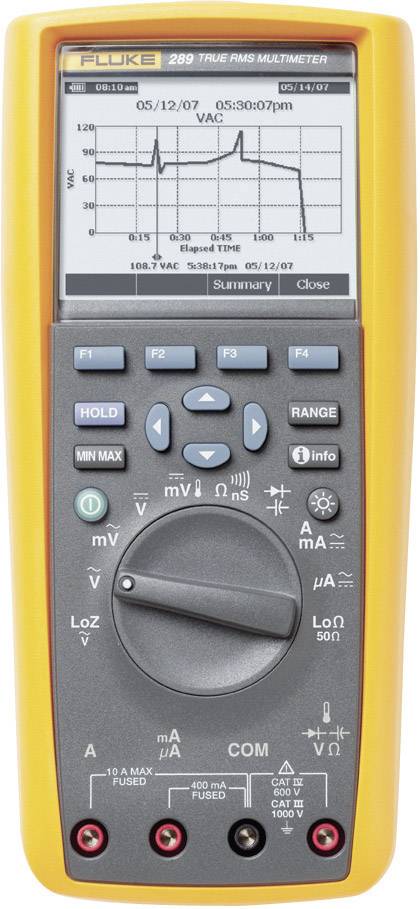 Ein digitales Multimeter mit Display zeigt eine Spannungskurve über die Zeit. Tasten und Messbereiche sind deutlich sichtbar und beschriftet.