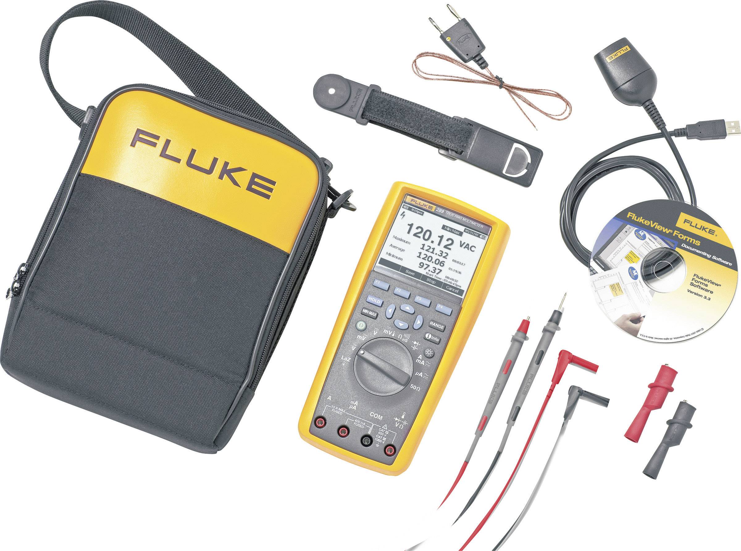 Multimeter-Kit mit Tragetasche, gelbem Multimeter, Messleitungen, CD und Netzteil.