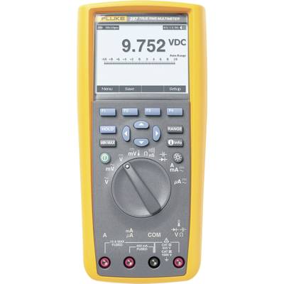 Ein digitales Multimeter mit orangefarbenem Gehäuse zeigt eine Spannung von '9,752 VDC' auf dem Display an, umgeben von Funktionstasten.