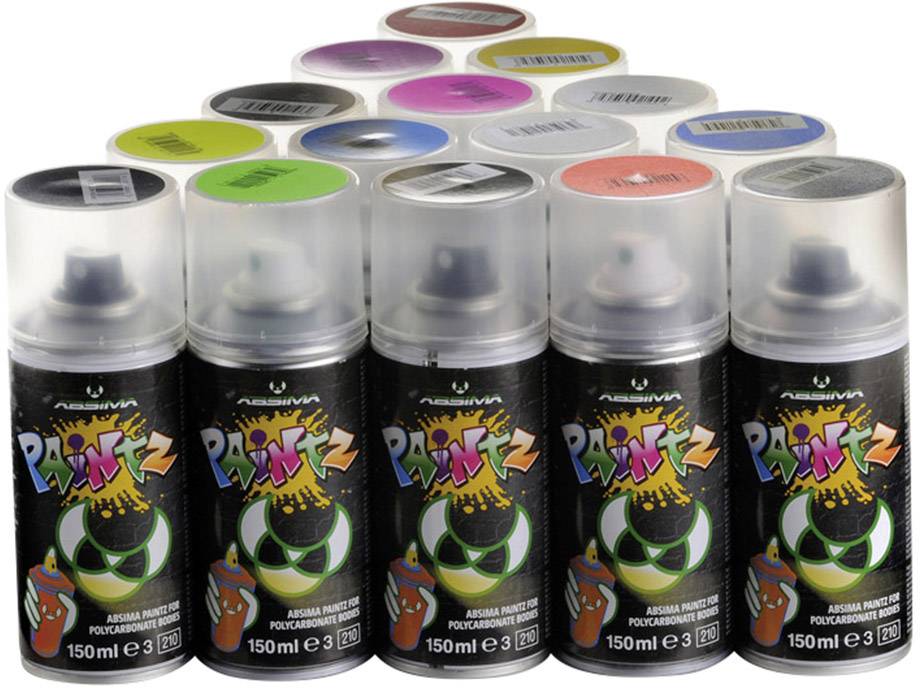 Mehrere Spraydosen der Marke 'Montana Paintz' in verschiedenen Farben. Die Dosen sind in zwei Reihen angeordnet und zeigen bunte Etiketten.