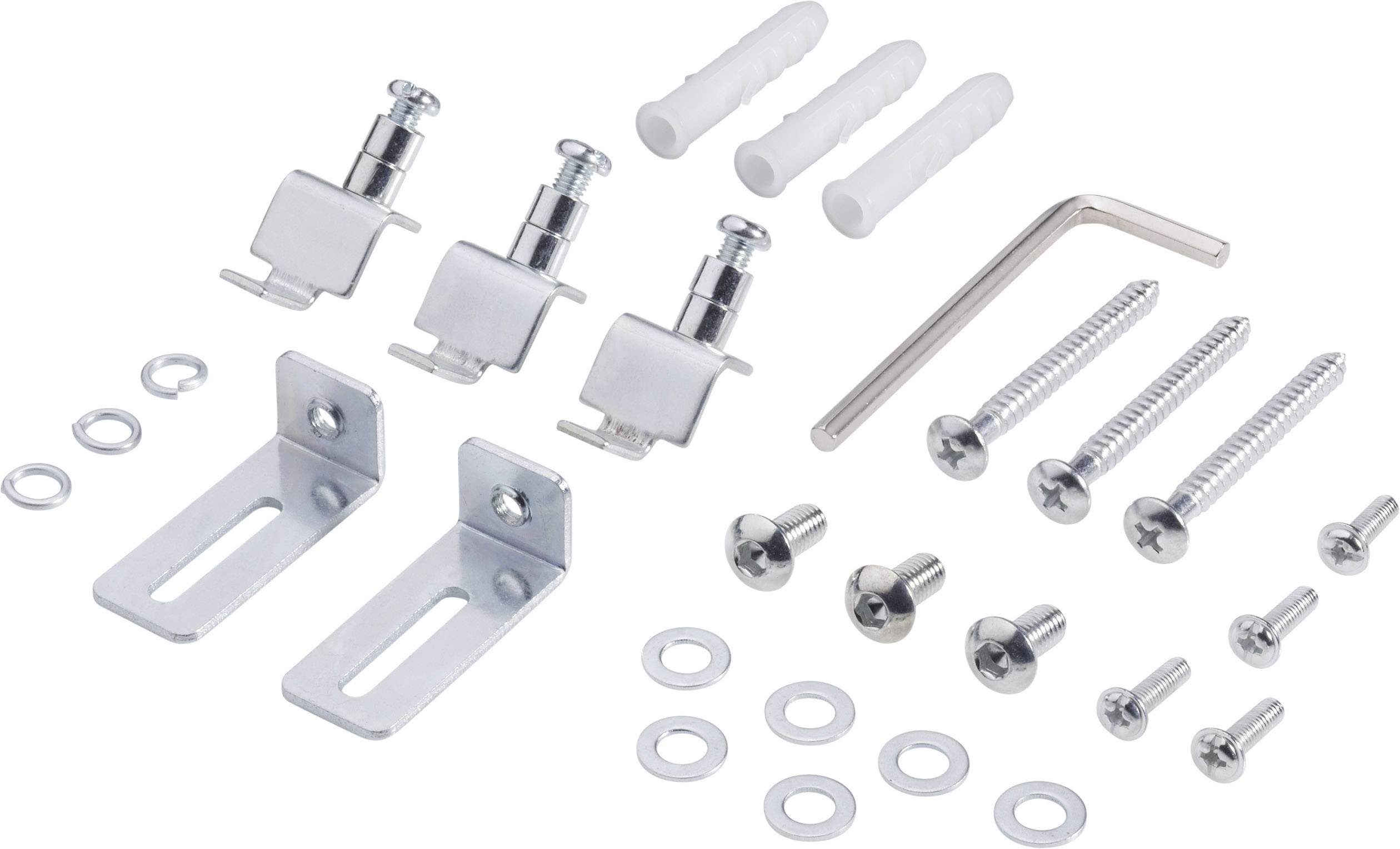 Beschläge-Set mit Schrauben, Dübeln, Winkeln, Muttern und einem Inbusschlüssel für Möbelmontage.
