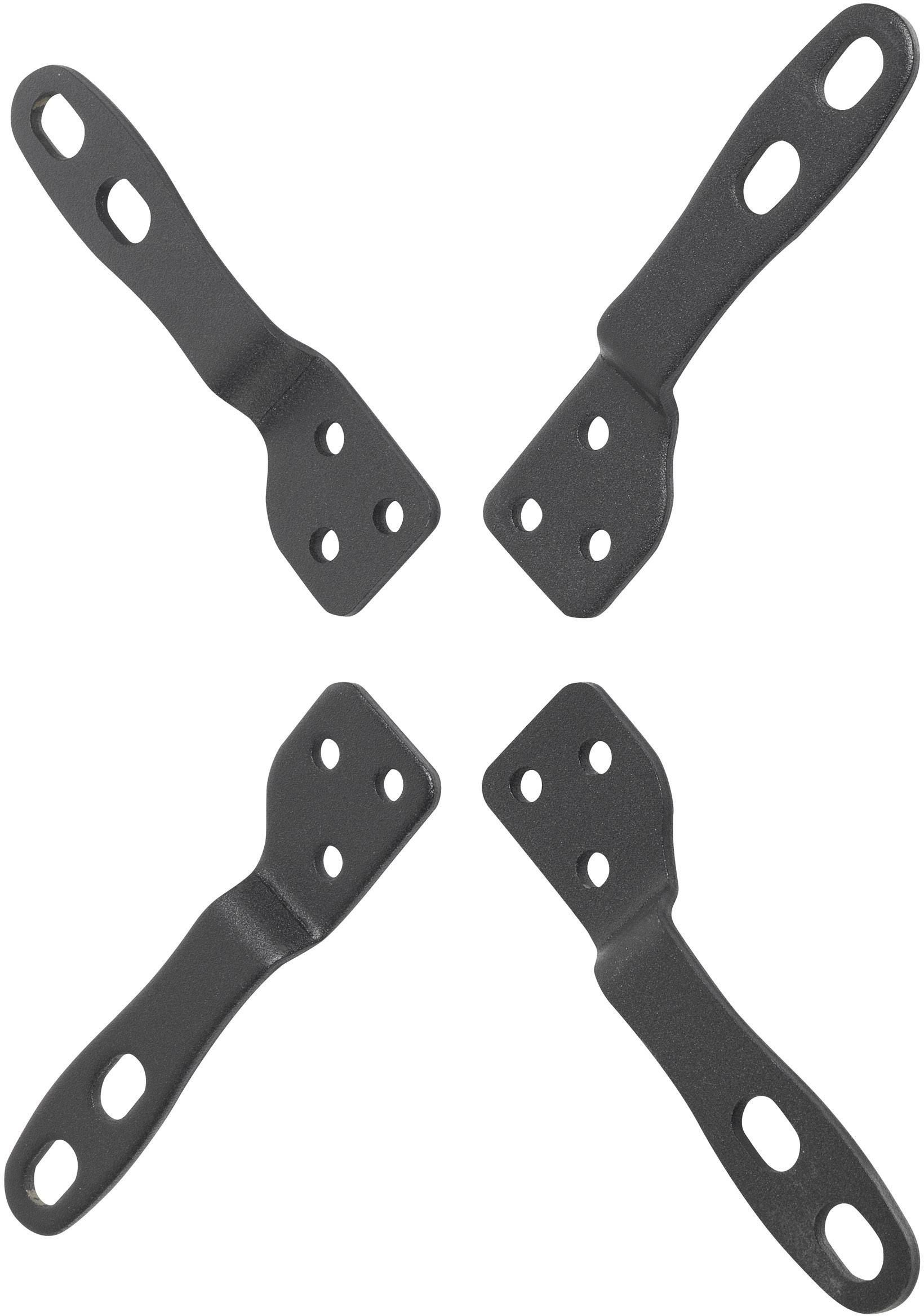 Schwarze Metallwinkel in einem Set von vier. Sie sind rechtwinklig gebogen und haben Löcher zur Befestigung.