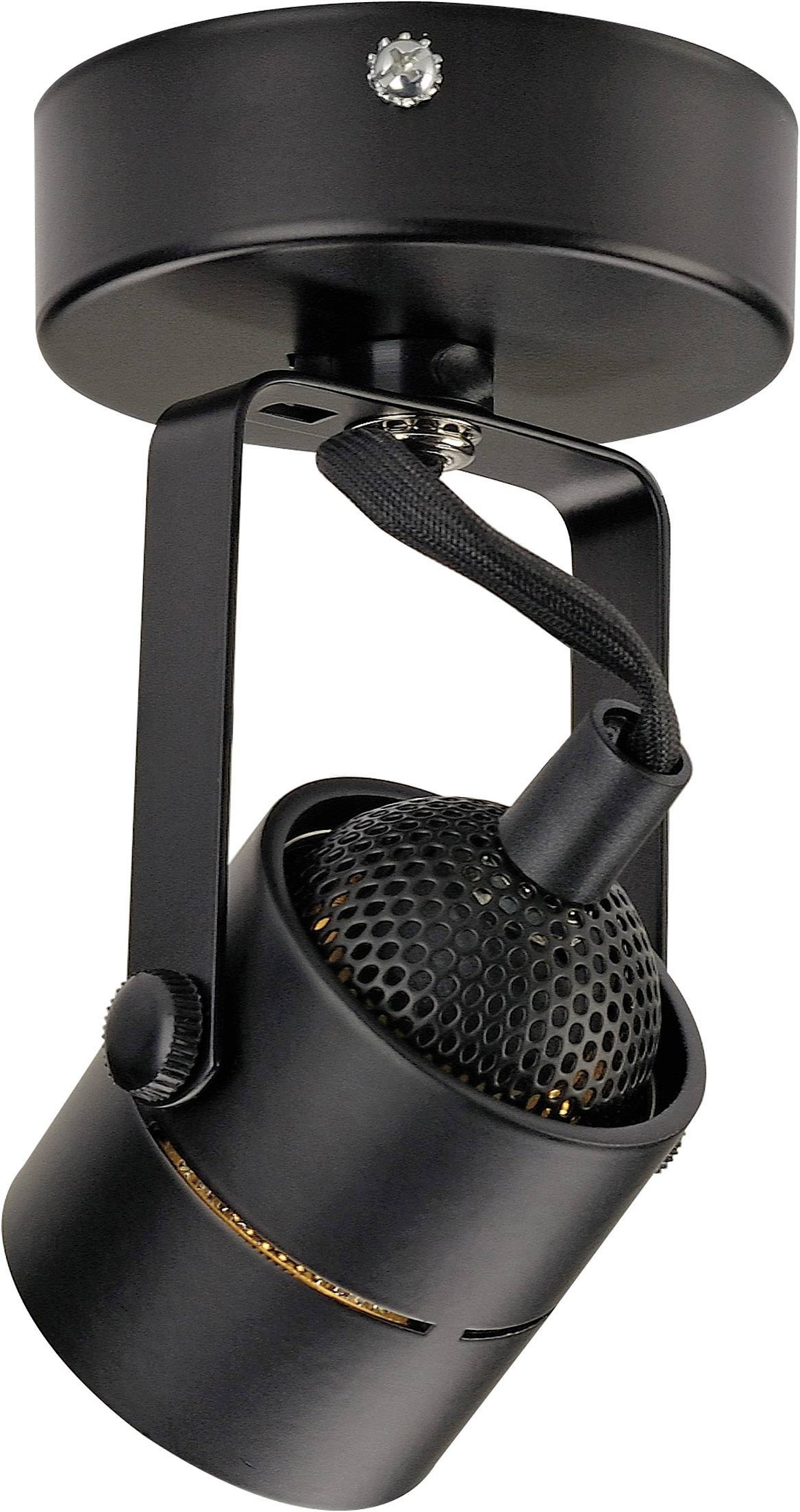 Schwarzer, zylinderförmiger LED-Strahler mit verstellbarer Halterung, geeignet für Deckenmontage.