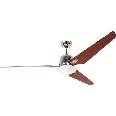 Ein Deckenventilator mit drei Holzflügeln und einer Metallhalterung, die an der Decke montiert ist. Der Ventilator hat ein schlichtes, modernes Design.