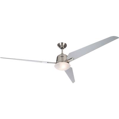 Deckenventilator mit drei langen, schmalen Flügeln und einem zentralen, beleuchteten Gehäuse in moderner Metalloptik.