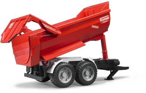 Roter Kipper-Anhänger mit offener Ladefläche, zwei Achsen und silbernen Rädern. Markierung 'Krampe' und 'Kipper' an der Seite.