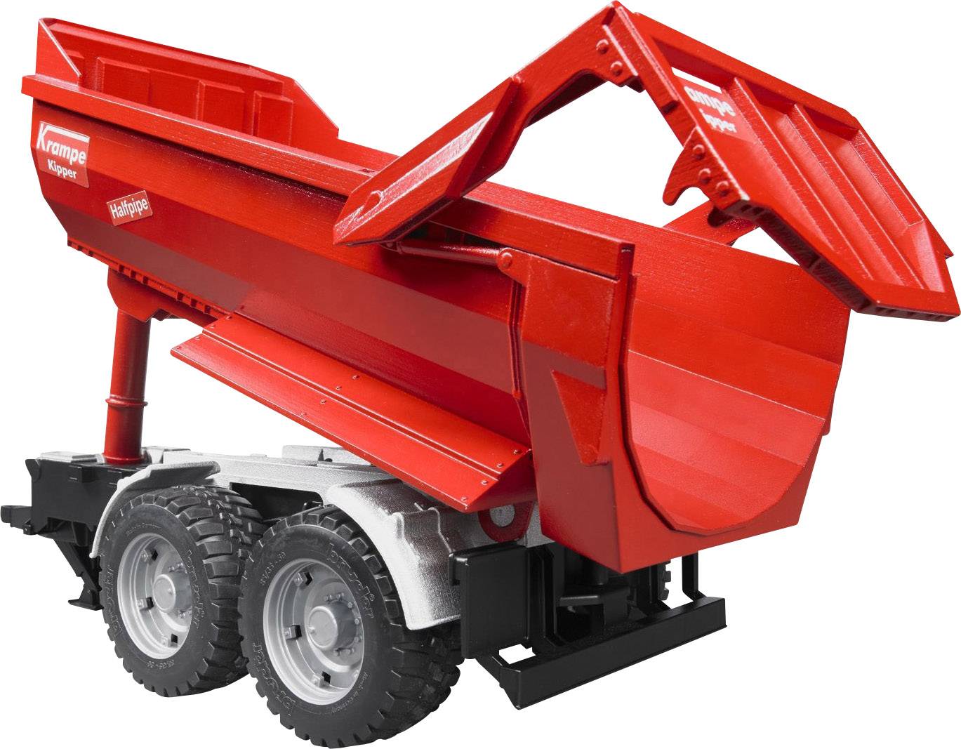 Ein rotes Kipperanhängermodell mit zwei Achsen und klappbarer Ladefläche, dargestellt in halb gekippter Position.