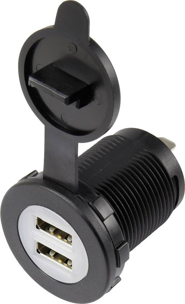 USB-Doppeleinbaubuchse mit Staubschutzkappe Buchse, Einbau vertikal 2-fach, Front rund Ø 36.8 mm, mit blauer Beleuchtung 1229307 TRU COMPONENTS Inhalt: 1 St.