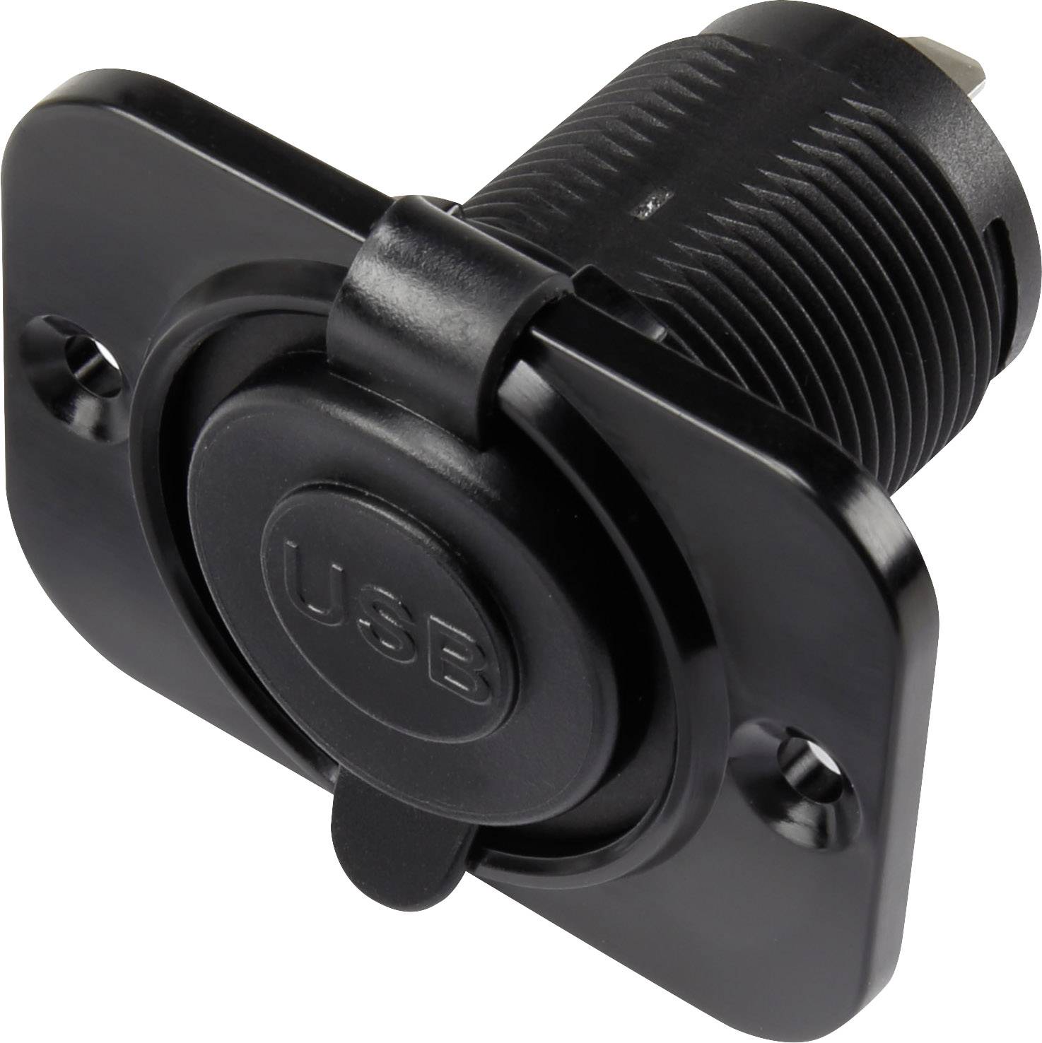 Ein schwarzer USB-Anschluss zur Wandmontage, zylindrisch mit rechteckiger Basisplatte und zwei Befestigungslöchern an den Ecken.