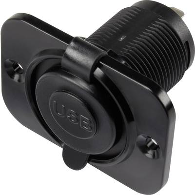 Ein schwarzer USB-Anschluss zur Wandmontage, zylindrisch mit rechteckiger Basisplatte und zwei Befestigungslöchern an den Ecken.