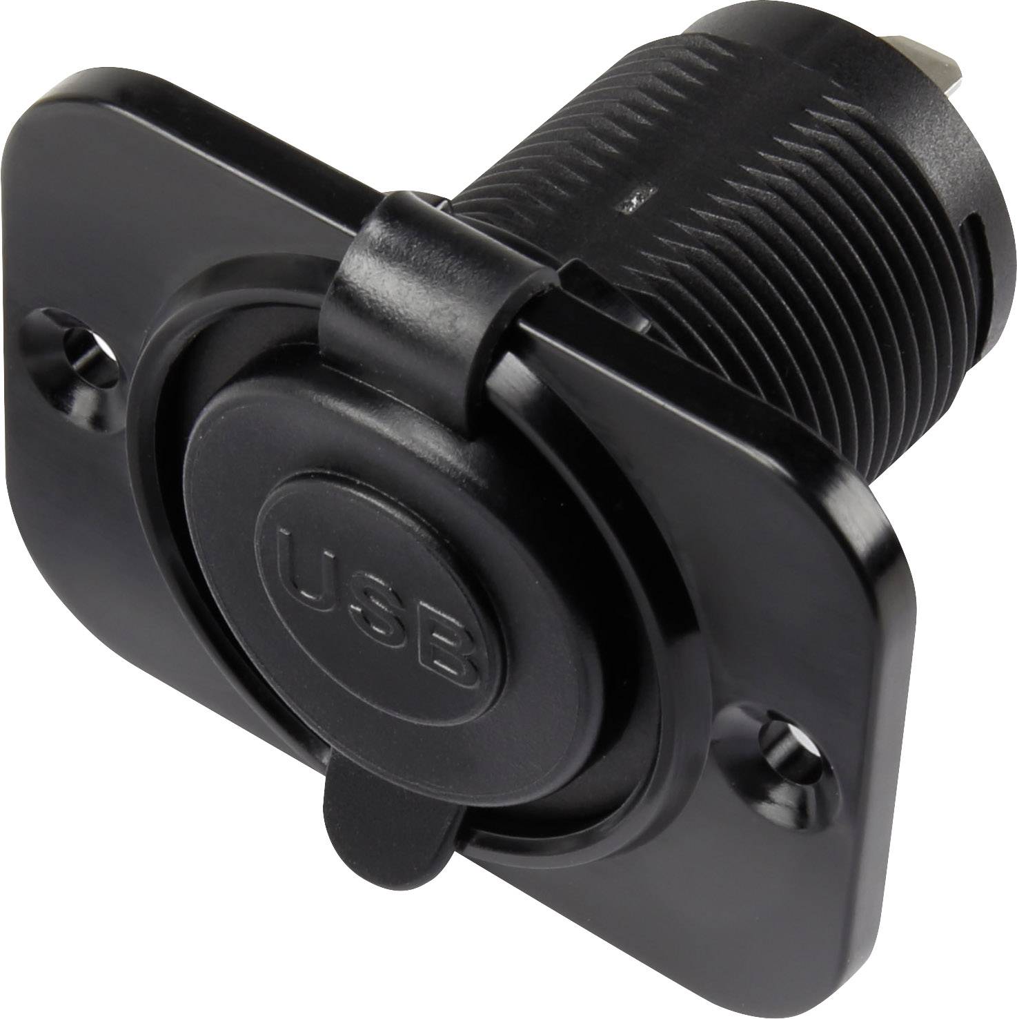 Schwarzer USB-Anschluss mit Befestigungsplatte, geeignet für den Einbau in Geräte oder Paneele. Text 'USB' auf Abdeckung sichtbar.
