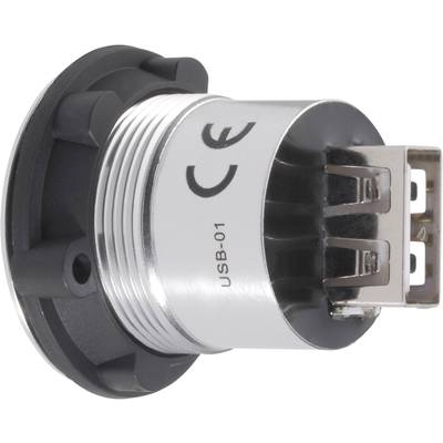 Metallischer USB-Anschluss mit CE-Kennzeichnung und der Bezeichnung 'USB-01', montiert auf einer schwarzen runden Basis.