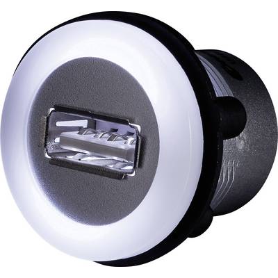 Nahaufnahme eines runden USB-Anschlusses mit leuchtendem LED-Ring. Der Anschluss ist in ein schwarzes Gehäuse eingelassen.