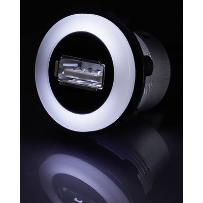 USB-Stecker mit leuchtendem Ring, auf dunklem Hintergrund, Spiegelfläche darunter.