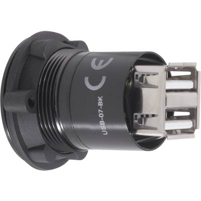 Schwarze USB-Buchse mit CE-Kennzeichnung und der Aufschrift 'USB-07-BK'.