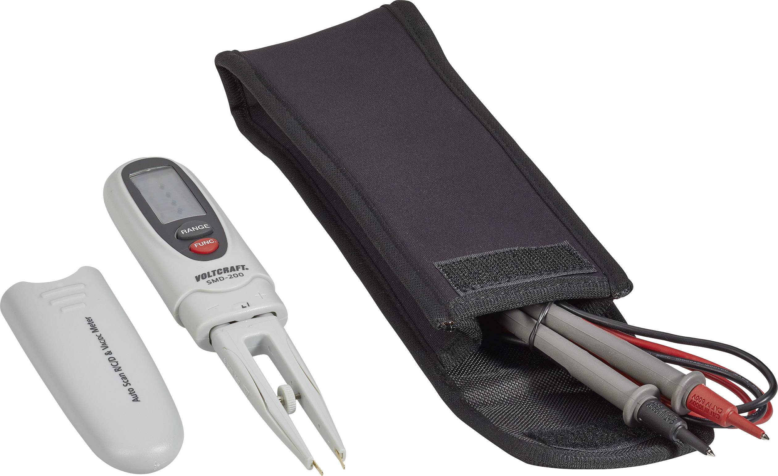 Ein digitales Multimeter mit Tastkopf und Schutzhülle, ideal für präzise elektrische Messungen.